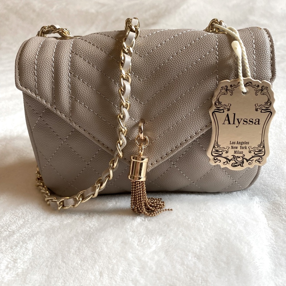 New Mini Beige Cross Body HandBag with gold tassel
